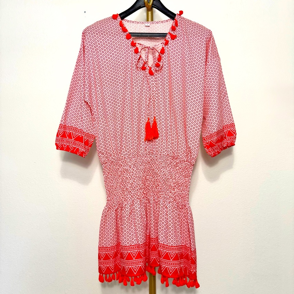 Vibrant Red Pattern Tassels V-Neck Dolman Sleeve Smocked Waistband Mini Dress, S
